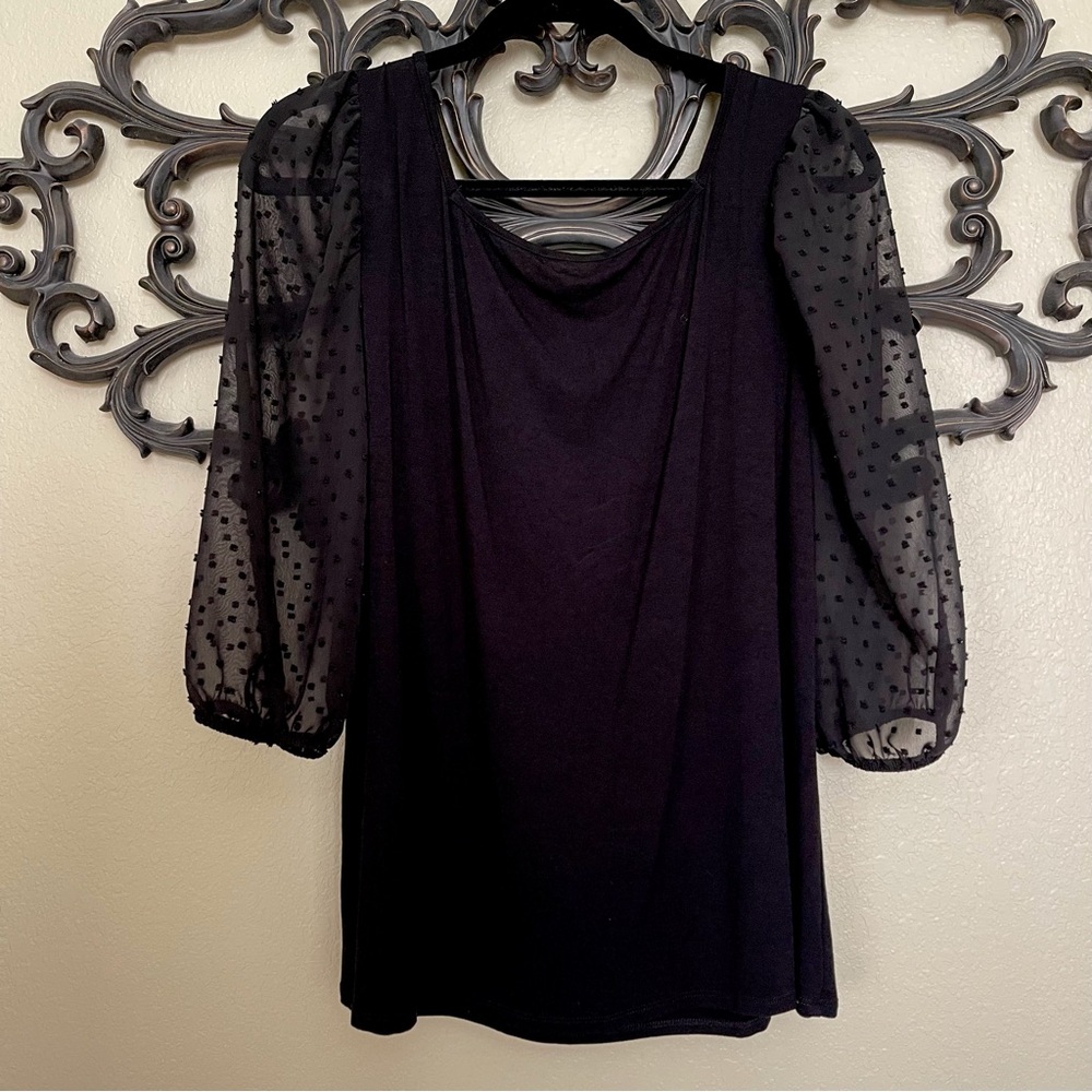 Kim & Cami Top Sweetheart Neckline Sheer 3/4 Length Puff Sleeves Size Large - Picture 3 of 15